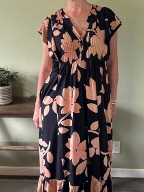 Anthropologie Maeve Cassandra Maxi Dress Black Pink Flutter Sleeve Floral 2X
